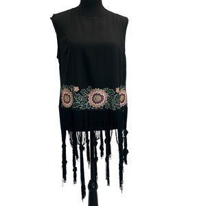 Asos black sleeveless flower floral embroidered fringe tassel top Sz 10